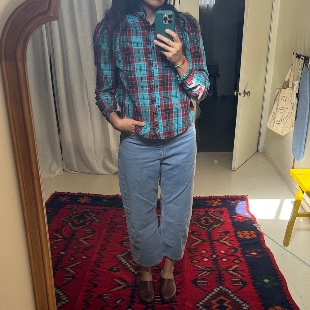Women’s Teal and Red Plaid Button-Down Shirt